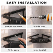 Plantex Bathroom Corner Shelf for Wall Mount/304 Grade Stainless Steel Corner Shelf for Bathroom with Railings/Bathroom Accessories - Pack of 2  (9x9 inches, Black)