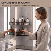 Plantex Bathroom Corner Shelf for Wall Mount/304 Grade Stainless Steel Corner Shelf for Bathroom with Railings/Bathroom Accessories - Pack of 2  (9x9 inches, Black)