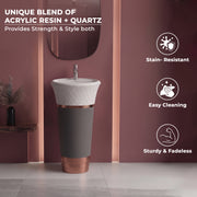 Plantex Matt Acrylic Resin & Quartz Pedestal Basin For Bathroom/Designer One Piece Pedestal Free Standing Round Wash Basin For Living Room/Hotel (White & Grey)