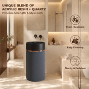 Plantex Matt Pedestal Wash Basin/Acrylic Resin & Quartz Free Standing Wash Basin/Round Basin For Bathroom/Home/Hotel/Restaurant- (Black And Grey, 16 X 16 X 34 Inch)