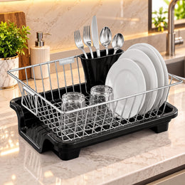 Plantex Dish Drying Rack/Stainless Steel Dish Drainer with Drainer Tray for Kitchen/Vessel Drainer Basket for Utensils/Plate Drying Rack - Chrome (39 X 31.5 X 15 Cm)