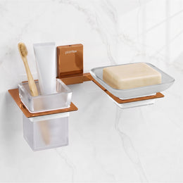 Plantex 304 Grade Stainless Steel Glass Soap Dish with Tumbler Holder/Soap Stand/Glass Toothbrush Holder/Bathroom Accessories - Crystal(PVD Rose Gold)