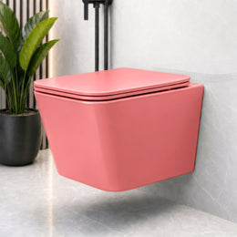 Plantex Rimless Washdown Western Toilet/Imported Italica Ceramic Wall Hung Commode/P - Trap Western Commode for Bathroom with Soft Close Toilet Seat Cover (Square - Matt Pink)