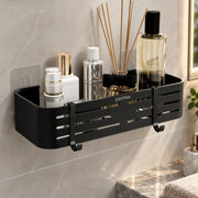 Plantex Self Adhesive Shelf for Bathroom Wall/Aluminium Kitchen Rack Adhesive with Removable Hooks & Magic Stickers/Bathroom Organiser Without Drill (12x5 inches, Matt Black)