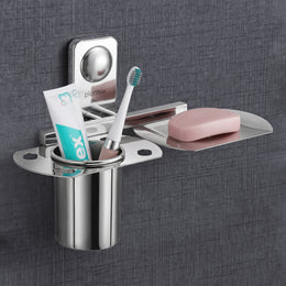 Plantex Stainless Steel 2in1 Tumbler Holder with Soap Dish/Tooth Brush Holder/Soap Stand for Bathroom/Bathroom Accessories - (Chrome)