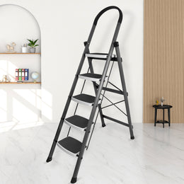 Plantex 5 Step Ladder - Foldable Steel -Wide Anti Skid Steps - 5 Year Manufacturer Warranty(Gray & White)-refurbished