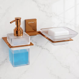 Plantex 304 Grade Stainless Steel Glass Soap Dish with Liquid Dispenser for Bathroom/Soap Stand/Glass Shampoo Dispenser/Bathroom Accessories - Pack of 1 (Crystal, PVD Rose Gold)