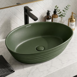 Plantex Designer Ceramic Basin/Table Top Wash Basin for Bathroom/Countertop Vessel Sink Basin for Home/Office/Restaurant (Green, 22 x 14 x 7 Inch )