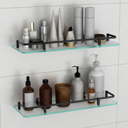 Plantex Shelf for Bathroom/Frosted Glass Shelf with Brass Railing and Brackets/Wall Mount Shelf for Living Room/Kitchen - Pack of 2 (18 x 6 inch, Black)