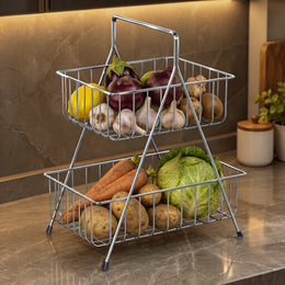 Plantex Fruit Basket for Dining Table/2-Tier Fruit Stand for Kitchen/Vegetable Basket Stand “ Chrome (36.5 x 30.5 x 19 cm)