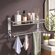 Plantex Stainless Steel Bathroom Shelf/Bathroom Stand for Wall/Bathroom Racks and Shelves with Hooks & Towel Holder/Bathroom Organiser with Drill (2-Tier, Chrome, Polished)