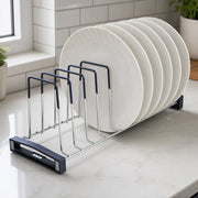 Plantex Sturdy Stainless Steel Plate Organizer for Kitchen/10 Plate Stand for Plateform/Rubber Gripped Thali Rack(Slot-10, Pack of 1, Size-10 Inches)
