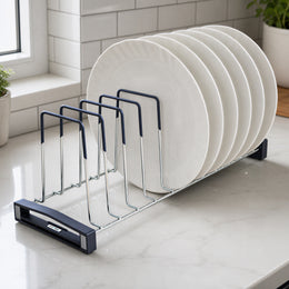 Plantex Sturdy Stainless Steel Plate Organizer for Kitchen/10 Plate Stand for Plateform/Rubber Gripped Thali Rack(Slot-10, Pack of 1, Size-10 Inches)