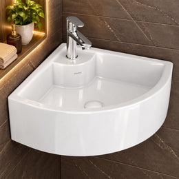 Plantex White Ceramic Corner Washbasin/Wall Mount Basin for Bathroom/Wall Hung Wash Basin/Small Corner Sink/10 Years Glaze Warranty by Plantex (Cornia - 16 x 16 x 10 Inch)
