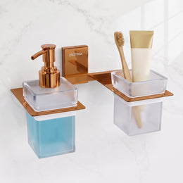 Plantex 304 Grade Stainless Steel Glass Liquid Dispenser with Tumbler Holder/Toothbrush Holder/Shampoo Dispenser for Washbasin/Kitchen/Bathroom Accessories - Pack of 1 (Crystal, PVD Rose Gold)