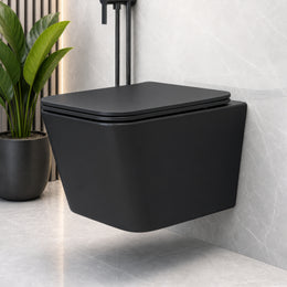 Plantex Imported Italica Ceramic Wall Hung Commode for Toilet/Rimless Western Toilet/Commode with Soft Closing Toilet Seat - P Trap (Square - Matt Black)