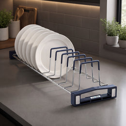 Plantex Hevy-Duty Stainless Steel Plate Stand For Kitchen Cabinet/13 Platesorganizer Fort Kitchen/Rubber Gripped Saucer Dish Rack(Size-4 Inches, Slot-13, Pack Of 1), 13X48X10 Cm