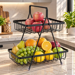 Plantex High Grade Fruit Basket for Dining Table/2- Tier Vegetable Basket Stand for Kitchen/Modern Fruit Storage Bowl for fruits and Vegetables/Kitchen Counter & Dining Table (Black)