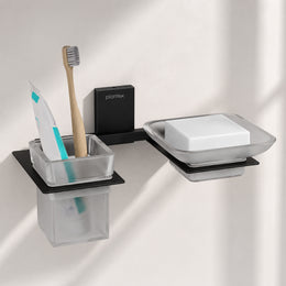 Plantex 304 Grade Stainless Steel Glass Soap Dish with Tumbler Holder/Soap Stand/Bathroom Accessories - Crystal (Black)