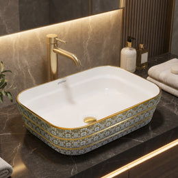 Plantex Designer Wash Basin for Bathroom/Ceramic Table Top Washbasin/Countertop Vessel Sink Basin - (White Art, 20 x 15 x 6 Inch)