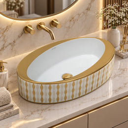 Plantex Ceramic Washbasin/Designer Basin for Bathroom/Oval Tabletop Basin/Countertop Vessel Sink for Home/Office/Restaurant (Gold & White - 24 x 14 x 10 Inch)