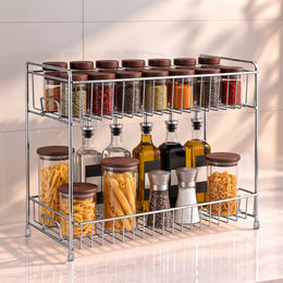 Plantex Stainless Steel Kitchen Organizer Rack/2-Tiered Stand for Kitchen Storage Rack/Multipurpose Storage Stand/Spice Rack/Bathroom Organiser Standâ€œ Chrome