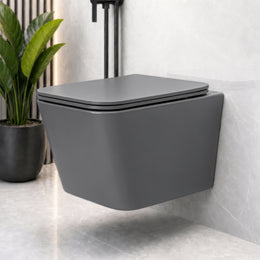 Plantex Imported Italica Ceramic Wall Hanging Commode/Rimless Washdown Flush Commode/Western Toilet with Soft Close Toilet Seat Cover - P trap (Square - Matt Dark Grey)