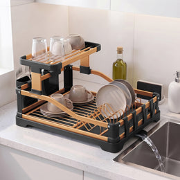 Plantex Fold Flat Dish Drying Rack/Aluminium 2-Tier Dish Rack with Drainboard/Vessel Drainer Basket/Plate Holder Stand/Kitchen Rack - Pack of 1 (Gold & Black)