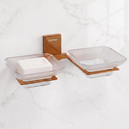Plantex 304 Grade Stainless Steel Frosted Glass Double Soap Holder/Soap Stand/Dual Soap Dish for Bathroom/Bathroom Accessories - Pack of 1 (Crystal, PVD Rose Gold)