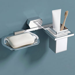 Plantex 304 Grade Stainless Steel 2in1 Soap Dish with Tumbler Holder for Bathroom/Toothbrush Holder with Soap Case/Soap Holder/Tumbler Holder - Bathroom Accessories (Delta, Chrome)