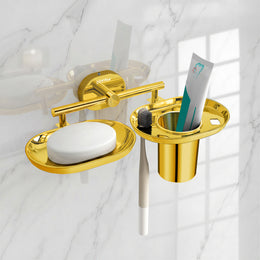 Plantex J4 Stainless Steel Soap Dish with Tumbler Holder/Soap and Brush Holder for Bathrooom/2 in 1 Soap Holder with Toothbrush Holder/Bathroom Accessories (PVD Gold Finish) Onix