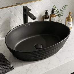Plantex Designer Ceramic Basin/Table Top Wash Basin for Bathroom/Countertop Vessel Sink Basin for Home/Office/Restaurant (Matt Black, 22 x 14 x 7 Inch )