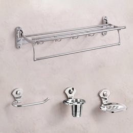 Plantex Stainless Steel Bathroom Accessories Set/18 Inch Folding Towel Rack/Towel Stand/Hanger/Napkin Ring/Tumbler Holder/Soap Dish(Royal Combo of 4)