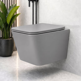 Plantex Imported Italica Ceramic Wall Hung Commode Toilet/Rimless Western Toilet/Washdown Commode with Soft Closing Toilet Seat - P Trap (Square - Matt Light Grey)