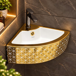 Plantex Ceramic Corner Basin/Wall Mount Washbasin for Bathroom/Small Corner Vessel Sink/Tabletop Wash Basin (Golden Cornia, 18 x 13 x 5 Inch)