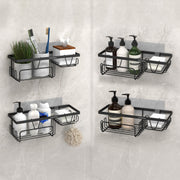 Plantex GI Steel Bathroom Accessories Self Adhesive/Self Adhesive Kitchen Shelf with Side Hooks to Hang Loofah, Soap Holder & Magic Stickers - Black, Powder Coated (Pack of 4)