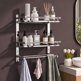 Plantex Bathroom Organiser with Drill/3 Tier Bathroom Accessories Set Stainless Steel/Bathroom Self Rack with Towel Hanger and Hooks/Wall Mount Rack Multipurpose(3-Tier Chrome)