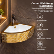 Plantex Ceramic Corner Basin/Wall Mount Washbasin for Bathroom/Small Corner Vessel Sink/Tabletop Wash Basin (Golden Cornia, 18 x 13 x 5 Inch)