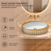 Plantex Ceramic Washbasin/Designer Basin for Bathroom/Oval Tabletop Basin/Countertop Vessel Sink for Home/Office/Restaurant (Gold & White - 24 x 14 x 10 Inch)