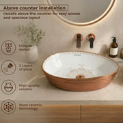 Plantex Designer Ceramic Basin/Table Top Wash Basin for Bathroom/Countertop Vessel Sink Basin for Home/Office/Restaurant (White & Rose Gold, 22 x 14 x 7 Inch)