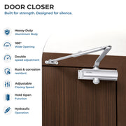 Plantex Heavy Duty Door Closer/Automatic Door Closer for Wooden Door/55 Kg Hydraulic Door Closer for Home/Office/Hotel/Wide 180 Degree Opening (ISO 9001 Certified) - Silver