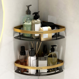 Plantex Bathroom Corner Shelf for Wall/Aluminium Self Adhesive Corner Stand for Kitchen with Golden Railing & Magic Stickers/Bathroom Accessories Items (9x9 inches, Gold & Black) - Pack of 2
