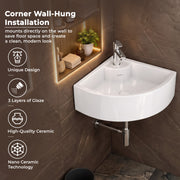 Plantex White Ceramic Corner Washbasin/Wall Mount Basin for Bathroom/Wall Hung Wash Basin/Small Corner Sink/10 Years Glaze Warranty by Plantex (Cornia - 16 x 16 x 10 Inch)