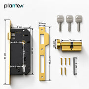 Plantex Mortise Door Lock Set with Brass Cylinder & Keys/Heavy-Duty Main Door Lock Body - Pack of 1 (PVD Gold)