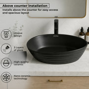 Plantex Designer Ceramic Basin/Table Top Wash Basin for Bathroom/Countertop Vessel Sink Basin for Home/Office/Restaurant (Matt Black, 22 x 14 x 7 Inch)