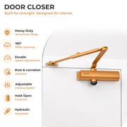 Plantex Premium Door Closer/55 kg Automatic Door Closer for Wooden Door/Wide 180 Degree Opening Door Closer for Home/Hotel/Office- Golden (ISO 9001 Certified)