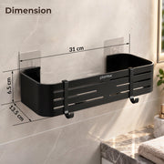 Plantex Self Adhesive Shelf for Bathroom Wall/Aluminium Kitchen Rack Adhesive with Removable Hooks & Magic Stickers/Bathroom Organiser Without Drill (12x5 inches, Matt Black)
