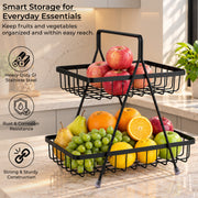 Plantex High Grade Fruit Basket for Dining Table/2- Tier Vegetable Basket Stand for Kitchen/Modern Fruit Storage Bowl for fruits and Vegetables/Kitchen Counter & Dining Table (Black)