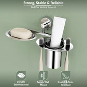 Plantex Stainless Steel Soap Dish with Tumbler Holder/Soap Dish with Toothpaste Holder/Soap Holder for Bathroom/Bathroom Accessories (Chrome)