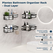 Plantex GI Steel Bathroom Accessories Self Adhesive/Self Adhesive Kitchen Shelf with Side Hooks to Hang Loofah, Soap Holder & Magic Stickers - Black, Powder Coated (Pack of 4)